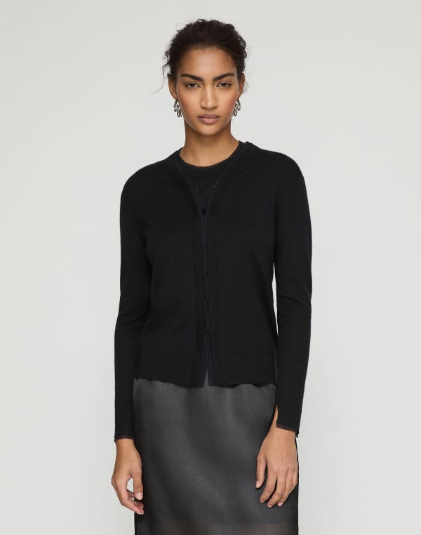 Lafayette148 Fine Gauge Cashmere & Silk Chiffon Trim Cardigan