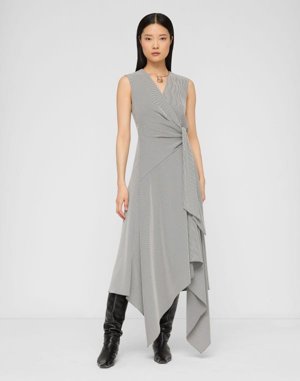 Lafayette148 Fluid Houndstooth Jacquard Side Tie Handkerchief Midi Dress