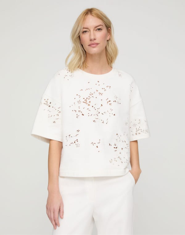 Lafayette148 Hand Cutout Cotton French Terry Sweatshirt