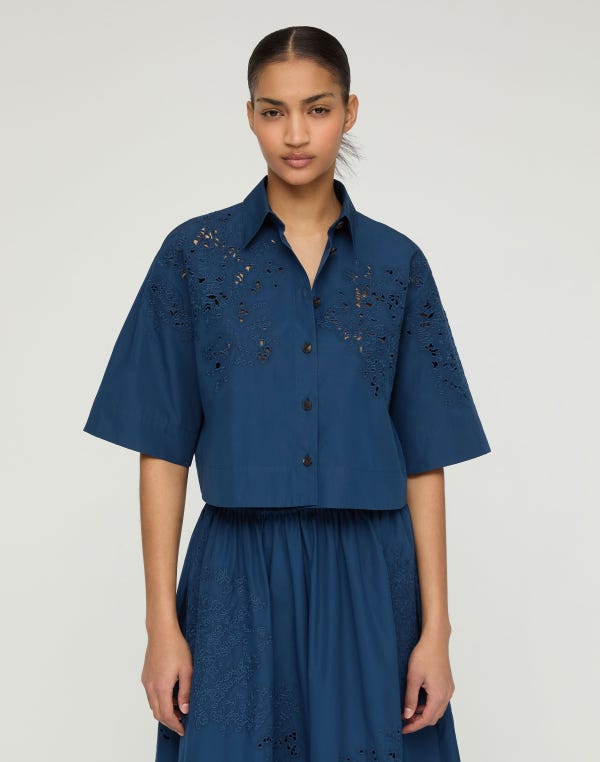 Lafayette148 Hand Cutout Organic Cotton Poplin Cropped Shirt