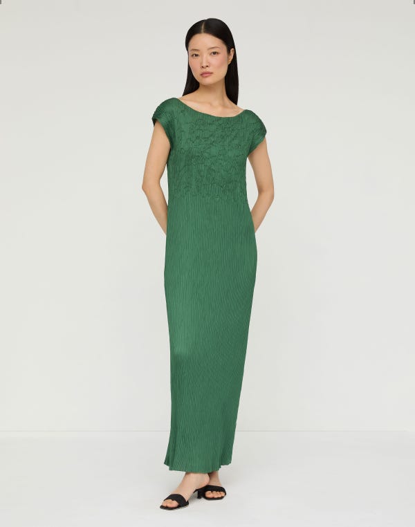 Lafayette148 Hand Embroidered Satin Plissé Maxi Dress