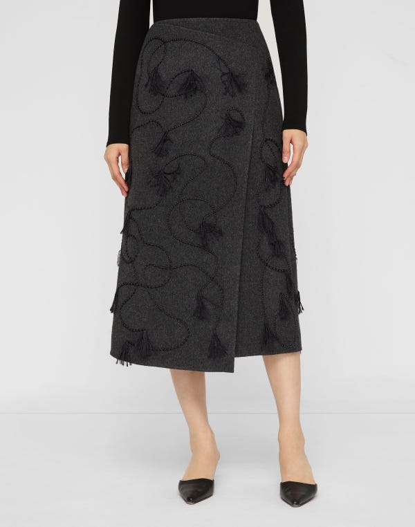 Lafayette148 Hand Embroidered Tassel Wool-Cashmere Double Face Skirt