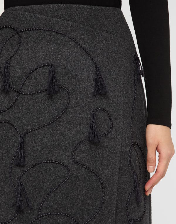 Lafayette148 Hand Embroidered Tassel Wool-Cashmere Double Face Skirt