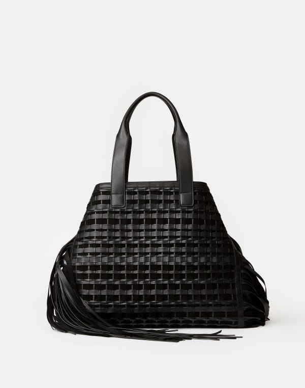 Lafayette148 Handwoven Fringe Leather & Suede L Tote—Large