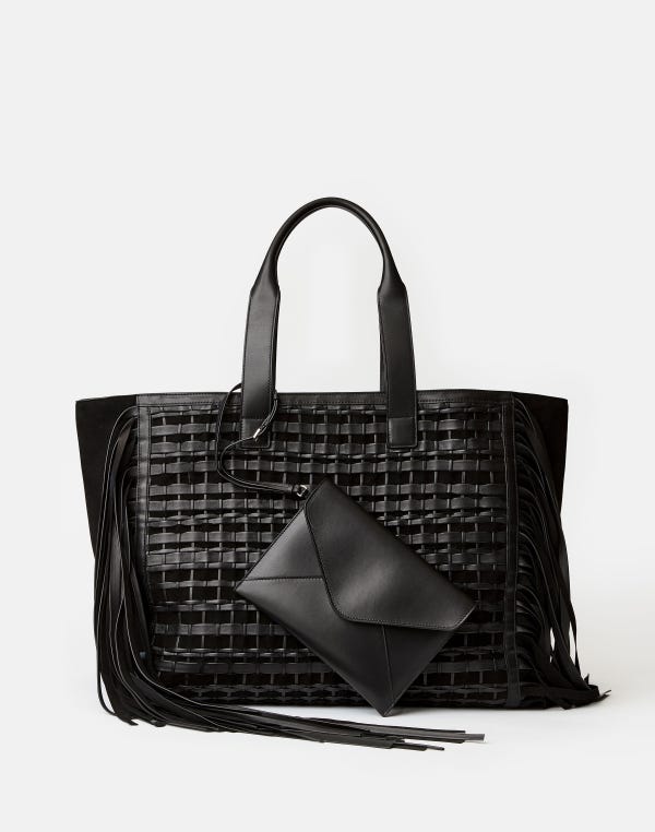 Lafayette148 Handwoven Fringe Leather & Suede L Tote—Large