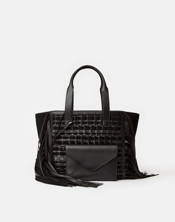 Lafayette148 Handwoven Fringe Leather & Suede L Tote—Small