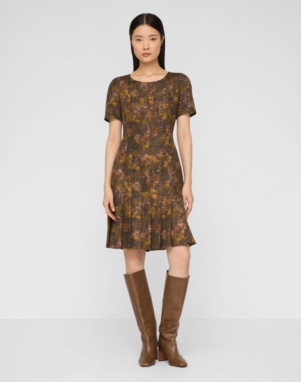Lafayette148 Impression Print Silk-Wool Hand Pleated Short Sleeve Dress