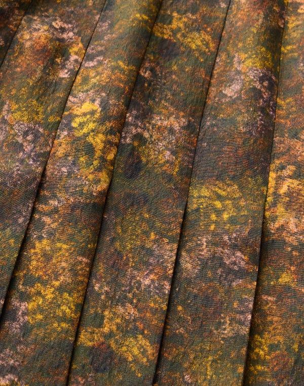 Lafayette148 Impression Print Silk-Wool Hand Pleated Short Sleeve Dress