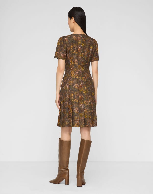 Lafayette148 Impression Print Silk-Wool Hand Pleated Short Sleeve Dress