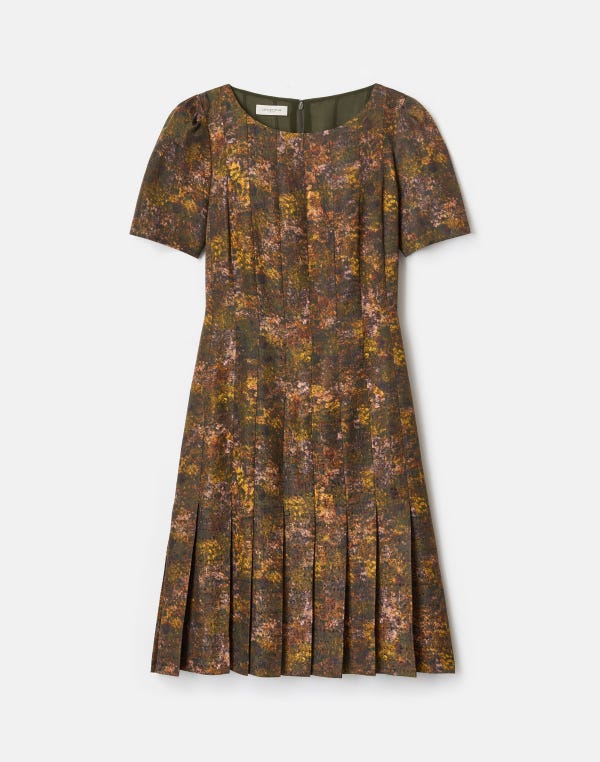 lafayette148 Impression Print Silk-Wool Hand Pleated Short Sleeve Dress