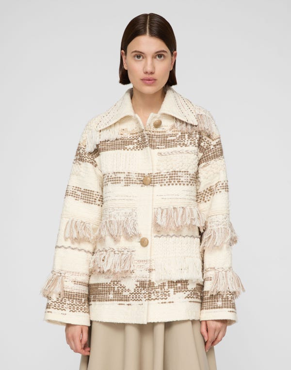 Lafayette148 Interlace Jacquard & Handwoven Fringe Coat