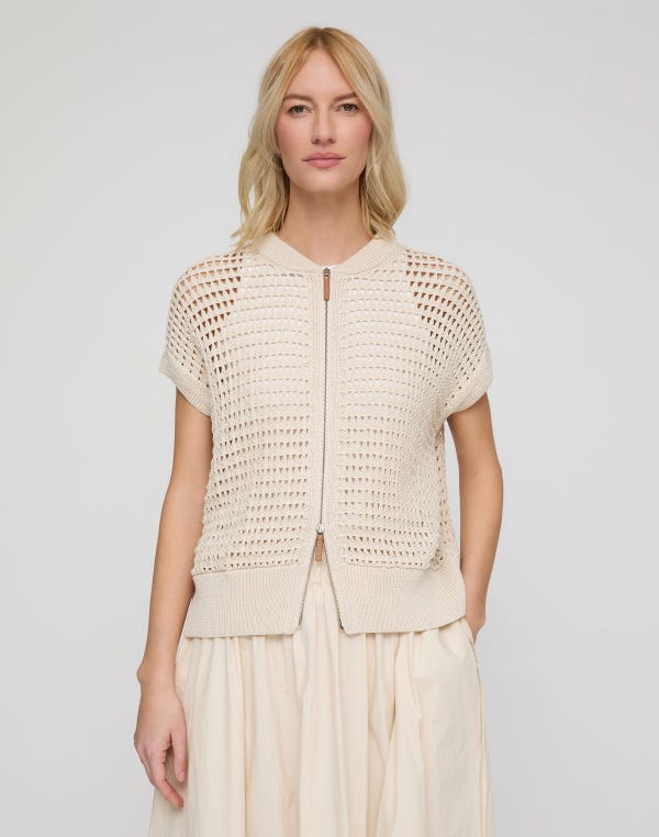 Lafayette148 Cotton Open Knit Zip Front Vest