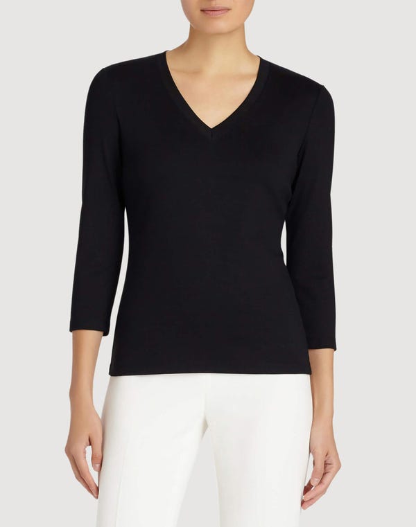 Lafayette148 Cotton Rib V-Neck T-Shirt