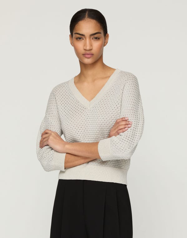 Lafayette148 Cotton-Sequin Silk V-Neck Sweater
