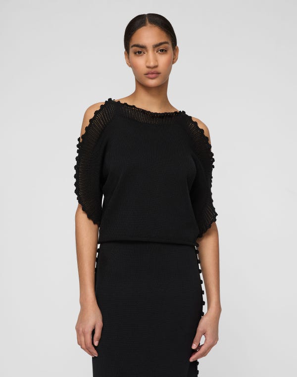 Lafayette148 Cotton-Silk Tape Crochet Trim Sweater