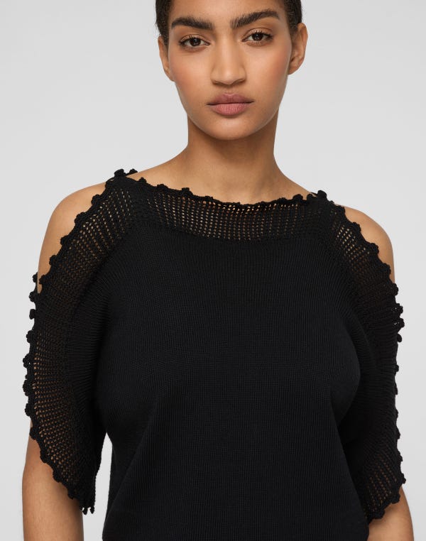 Lafayette148 Cotton-Silk Tape Crochet Trim Sweater