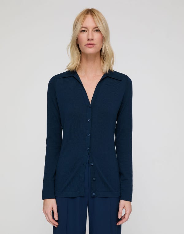 Lafayette148 Fine Cotton-Silk Slim Polo Cardigan