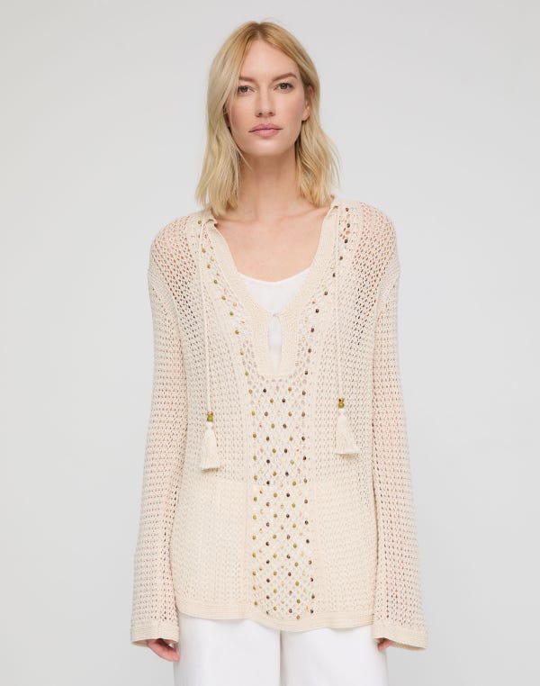 Lafayette148 Hand Beaded Cotton Open Knit Tunic