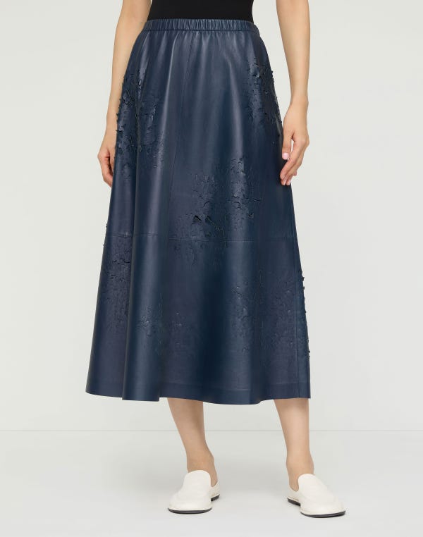 Lafayette148 Lasercut Nappa Leather Midi Skirt