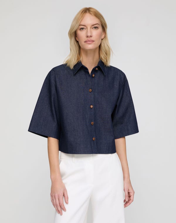 Lafayette148 Lightweight Denim Cropped Shirt