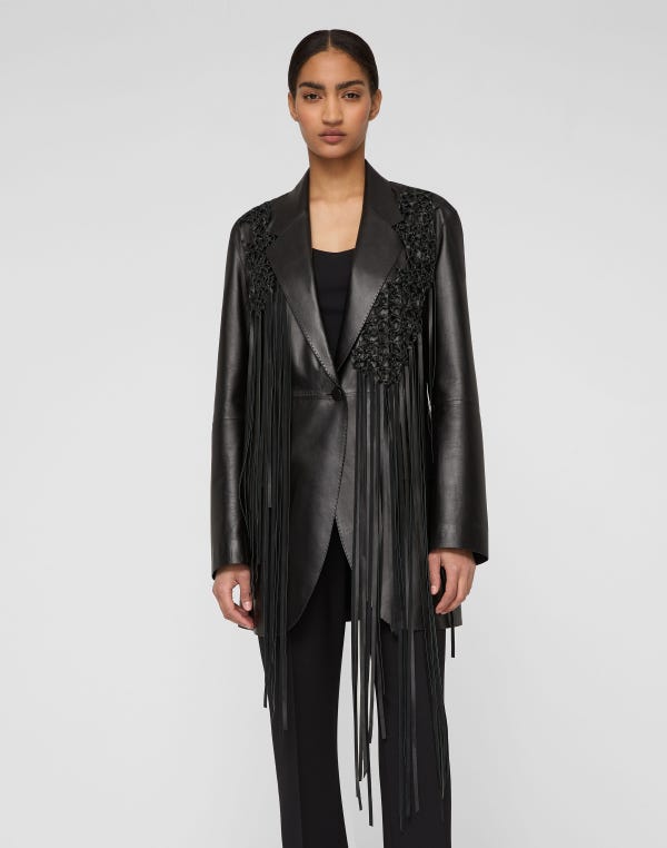Lafayette148 Nappa Leather Macramé Fringe Blazer