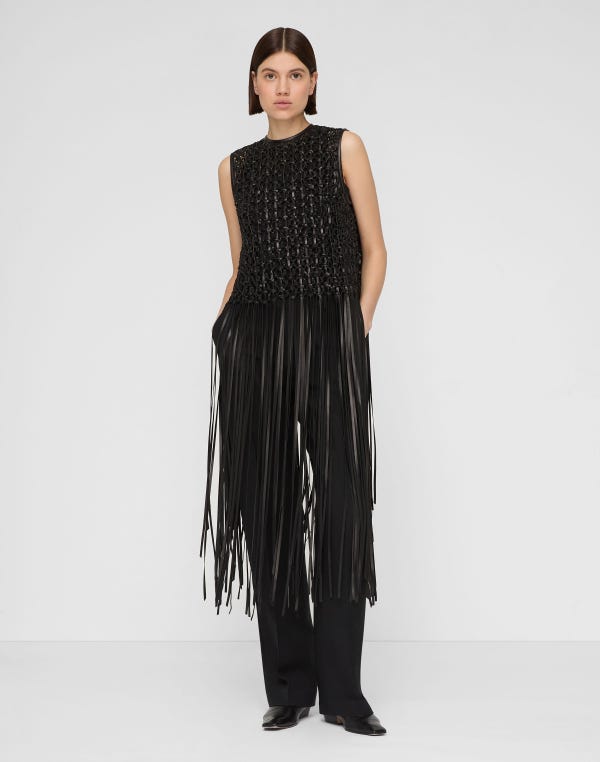 Lafayette148 Nappa Leather Macramé Fringe Blouse