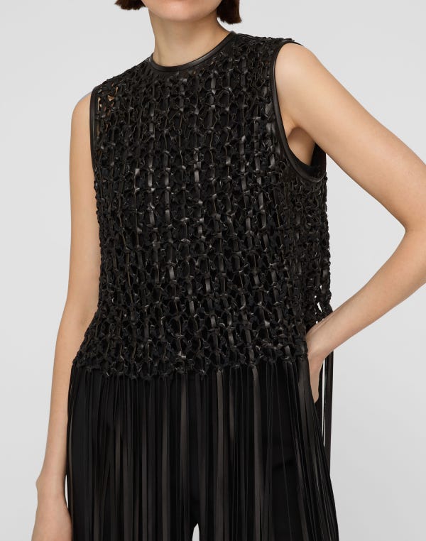 Lafayette148 Nappa Leather Macramé Fringe Blouse