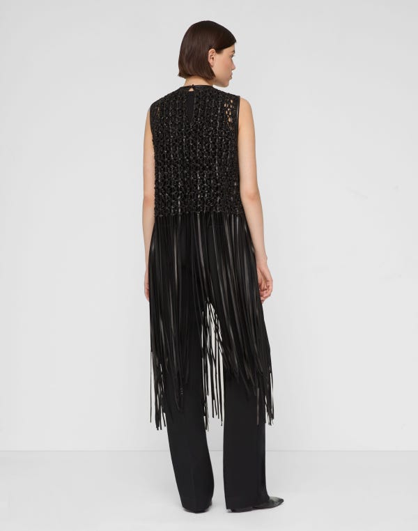 Lafayette148 Nappa Leather Macramé Fringe Blouse