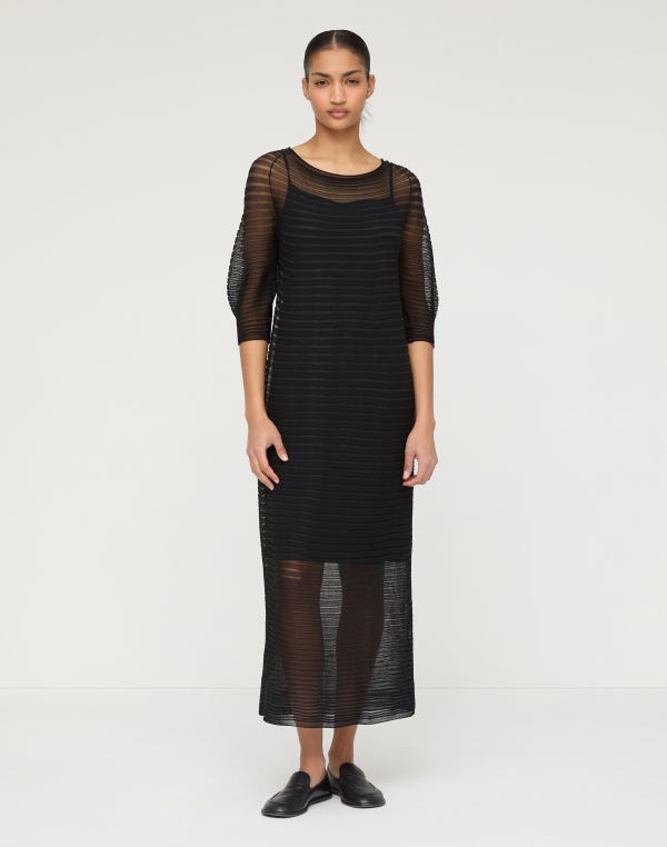 Lafayette148 Silk Crepe Sheer Pleat Knit Dress