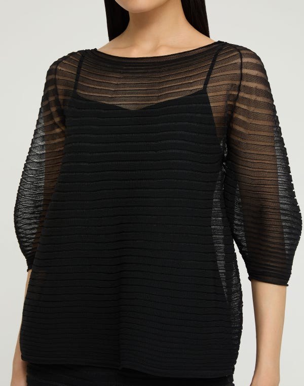 Lafayette148 Silk Crepe Sheer Pleat Knit Top