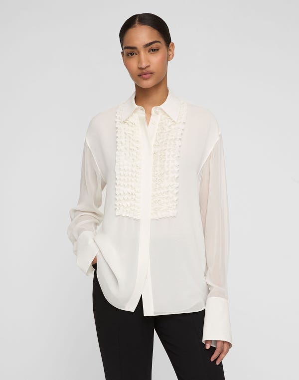 Lafayette148 Silk Georgette Ruffled Tuxedo Blouse