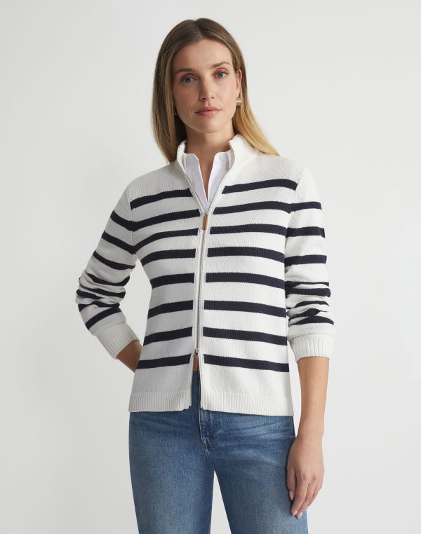 Lafayette148 Stripe Cotton-Silk Zip Cardigan