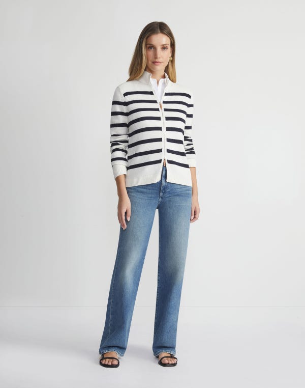 Lafayette148 Stripe Cotton-Silk Zip Cardigan