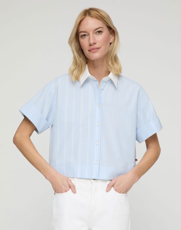 Lafayette148 Striped Cotton Montauk Cropped Shirt