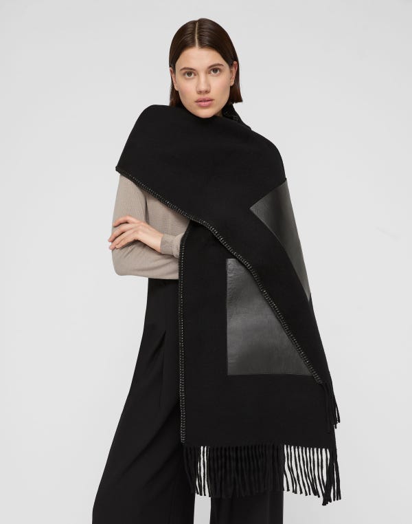 Lafayette148 Wool-Cashmere & Leather Pocket Shawl