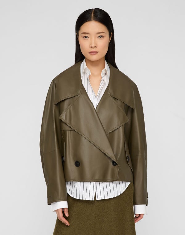 Lafayette148 Lightweight Lambskin Leather Cropped Oversized Trench Jacket