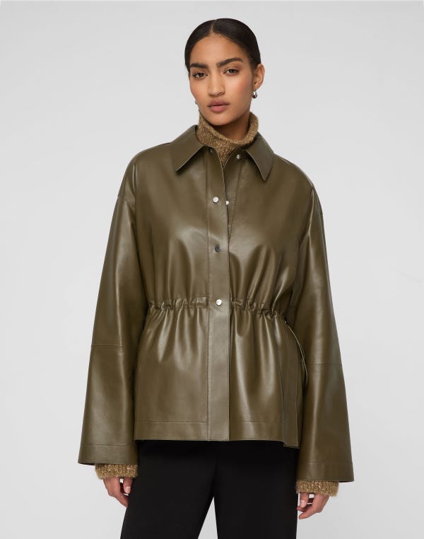 Lafayette148 Lightweight Lambskin Leather Gathered Waist Oversized Jacket