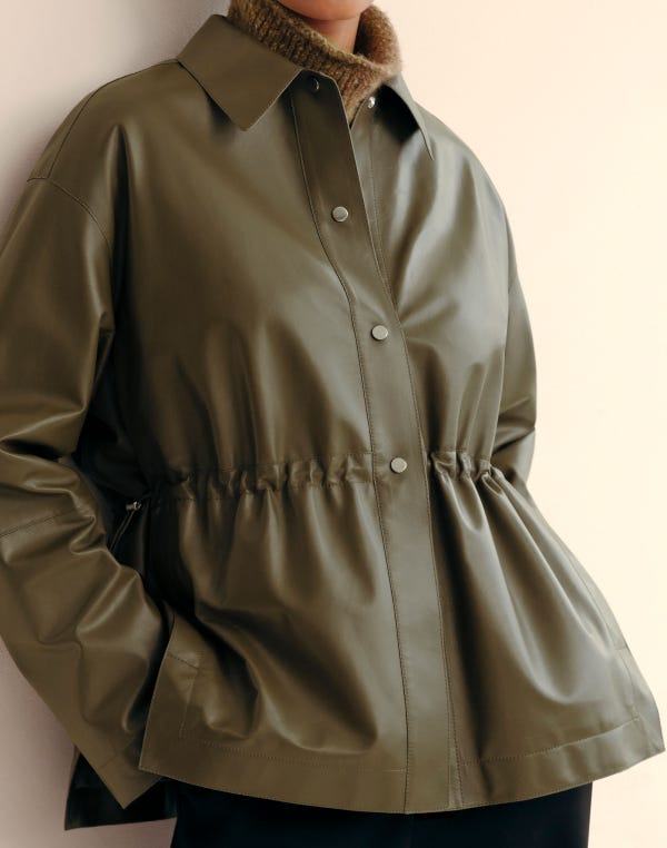 Lafayette148 Lightweight Lambskin Leather Gathered Waist Oversized Jacket