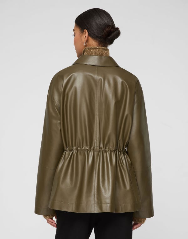 Lafayette148 Lightweight Lambskin Leather Gathered Waist Oversized Jacket
