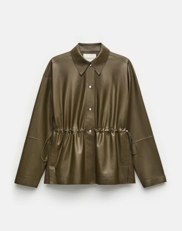 lafayette148 Lightweight Lambskin Leather Gathered Waist Oversized Jacket