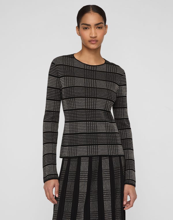 Lafayette148 Metallic Check Finespun Voile Crewneck Sweater