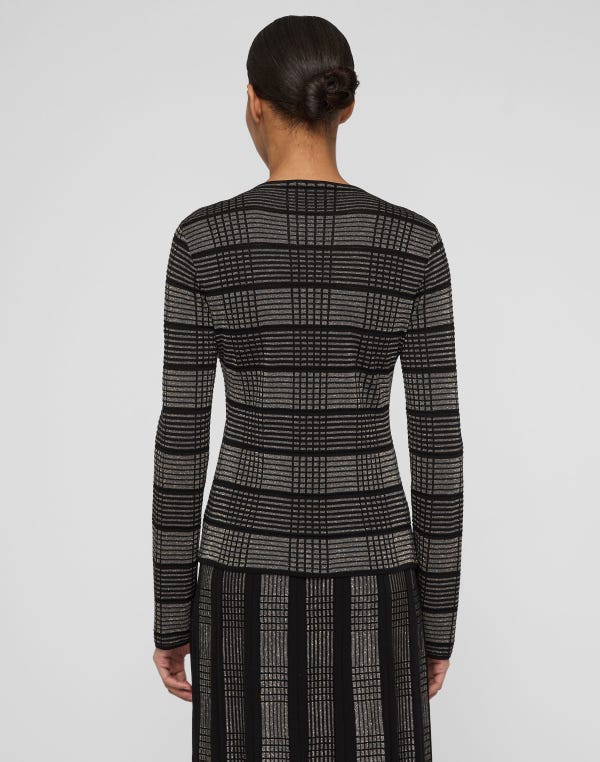 Lafayette148 Metallic Check Finespun Voile Crewneck Sweater