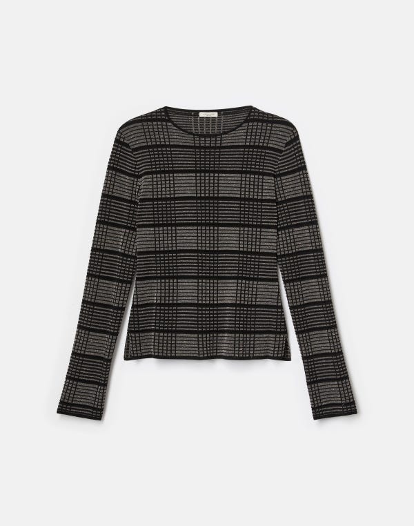lafayette148 Metallic Check Finespun Voile Crewneck Sweater
