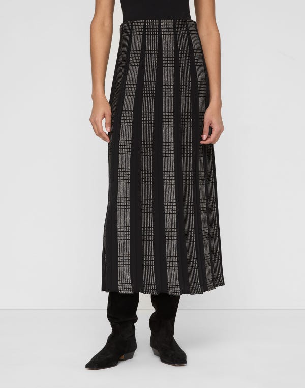 Lafayette148 Metallic Check Finespun Voile Knit Pleated Skirt