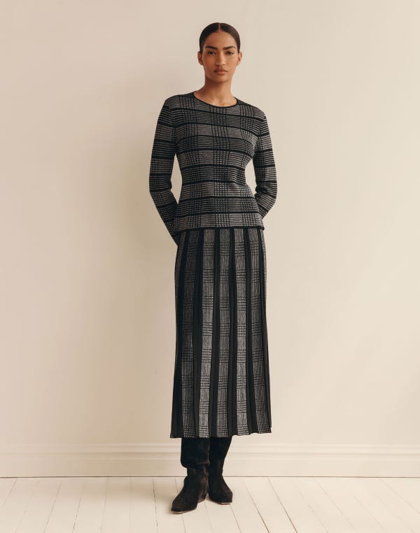Lafayette148 Metallic Check Finespun Voile Knit Pleated Skirt