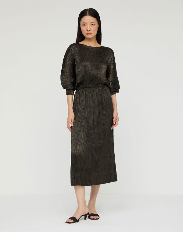 Lafayette148 Metallic Foil Plissé Gathered Waist Dress