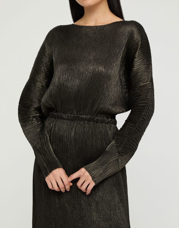 Lafayette148 Metallic Foil Plissé Gathered Waist Dress