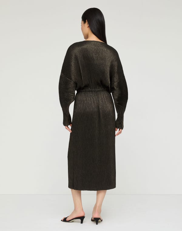 Lafayette148 Metallic Foil Plissé Gathered Waist Dress