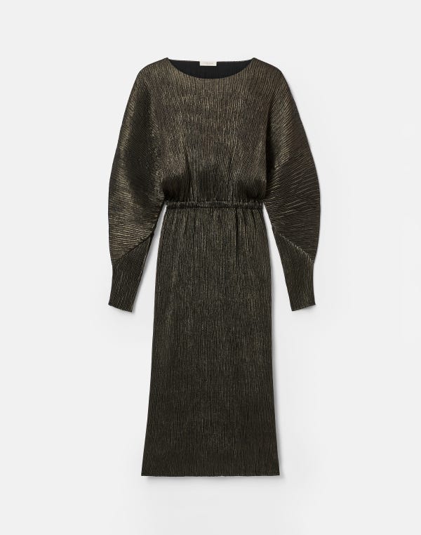 lafayette148 Metallic Foil Plissé Gathered Waist Dress