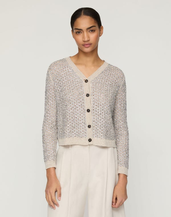 Lafayette148 Metallic Linen-Silk Pointelle Cardigan